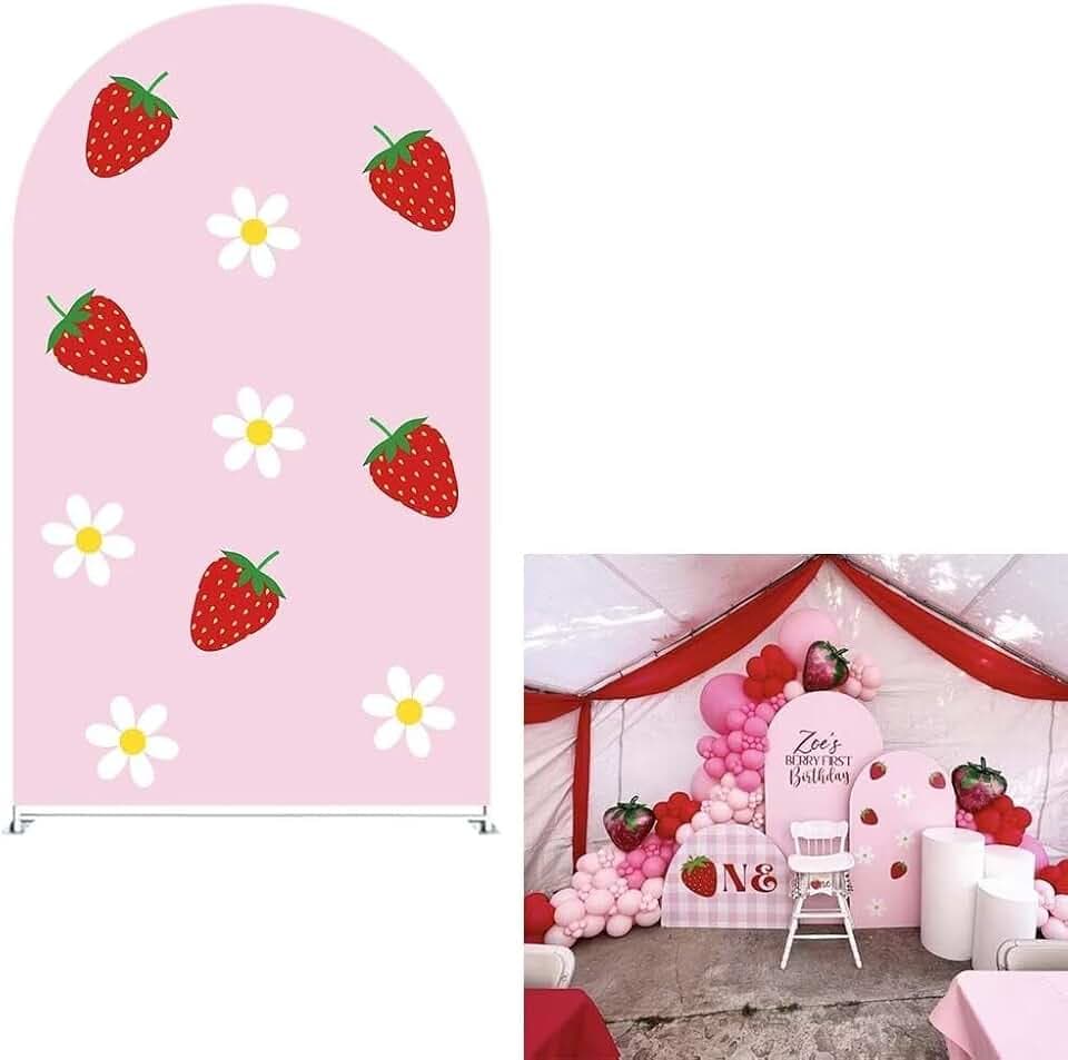 Strawberry Arch Backdrop Stand Covers Baby Shower Kids Girls Pink Birthday Party Decorations Arches Background Fabric Cover Festa Parties Banquets Decor Props (4x7ft Cover,70strawberry)