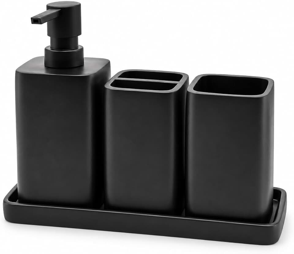 ZCCZ Matte Black Bathroom Accessories Set, 4-Piece Bathroom Accessory Set with Soap Dispenser, Toothbrush Holder, Tumbler and Vanity Tray, Polyresin Countertop Organizer