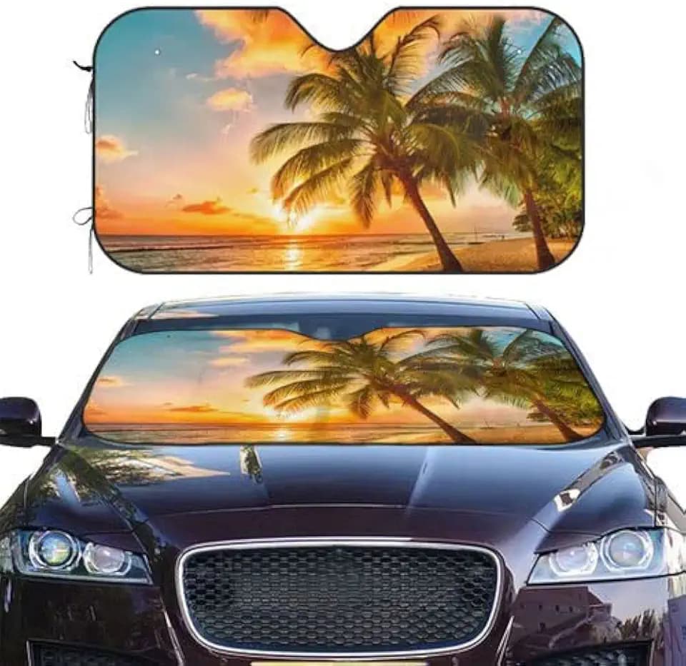 Tropical Island Blue Sky Beach Coconut Tree Sea Windshield Sun Shade Front Protector Folding Car Sun Visor Blocks Uv Rays Keeps Your Vehicle Cool