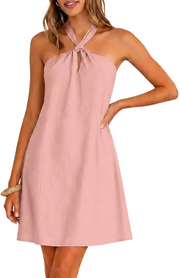 IHOT Women's Halter Neck Mini Dress Sleeveless Boho Flowy A-Line Beach Vacation Sundress