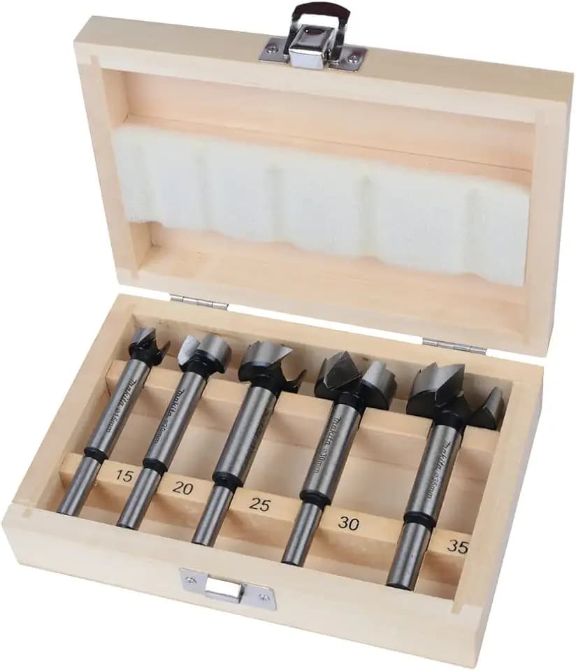 Makita D-47363 Forstnerbohrer-Set 5-teilig in Holzkassette, Ø 15, 20, 25, 30, 35 mm, für Weich- und Hartholz, 8 mm Rundschaft, Länge 90 mm