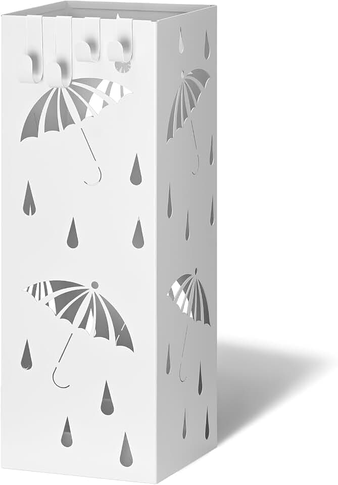 VOUNOT® Regenschirmständer aus Metall quadratischer Schirmständer mit herausnehmbarer Wasserauffangschale 4 Haken und rutschfesten Füßen für Eingang Flur und Büro Schirmmuster Weiß