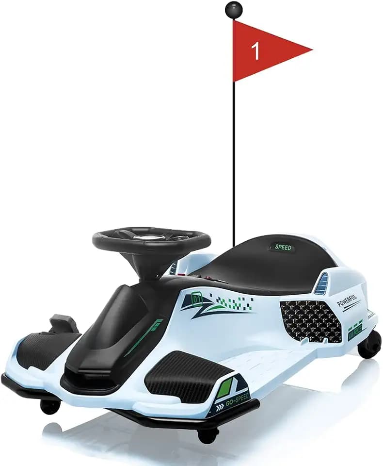 24V Kids Ride on Drift Car for Kids, Electric Drifting Go-Kart Up to 7.5 mph Variable Speed, Built-in Music,Colorful LED Light,USB,Low-Power Alarm (White, 24V)