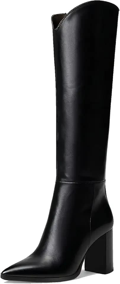 Knee High Boots for Women, Comfortable Chunky High Heel Pointed Toe Wide Calf Leather Tall Boots with Side Zip