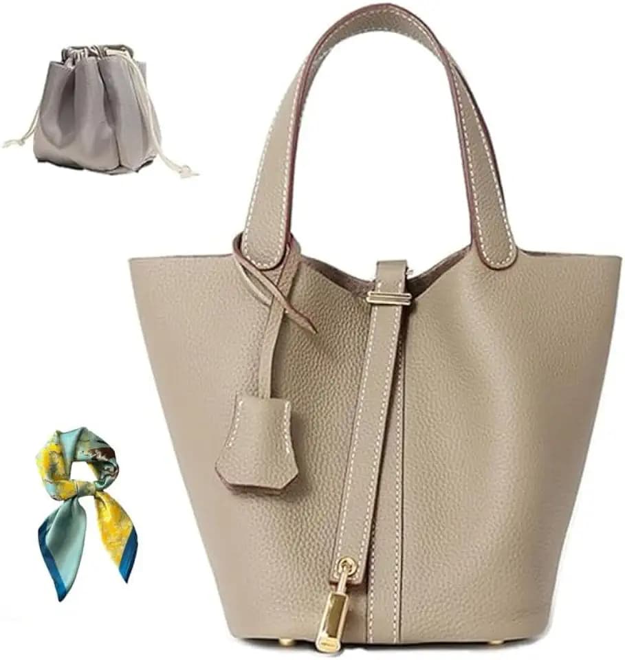 Genuine Leather Bucket Bag for Women: Lock Design Shoulder Handbag Versatile Top-Handle Tote Fashionable Vegetable Basket
