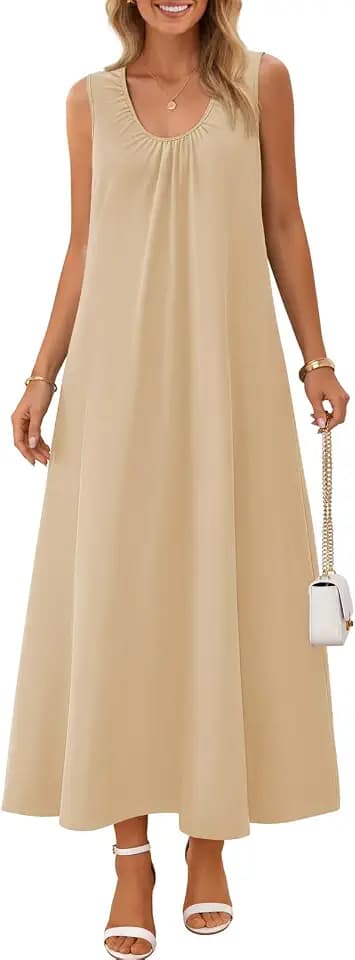 MEROKEETY Women's Summer Boho Sleeveless Ruched Maxi Dress