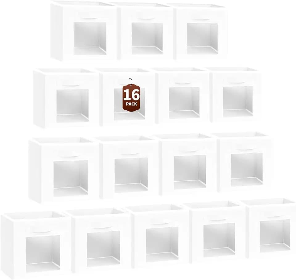 Homsorout Storage Cube 11 Inch - Cube Storage Bins with Window, Closet Storage Baskets with Handle, Fabric Bins for Closet, Shelves, Toys, Clothes, Set of 16, White