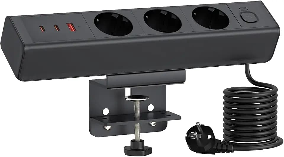 Tischsteckdose mit 65W USB C, Haiaoyyds Steckdosenleiste Schreibtisch mit 3 Steckdosen, 1,8M Kabel, Überlastschutz, Schreibtisch Steckdose für Zuhause & Büro, Schwarz