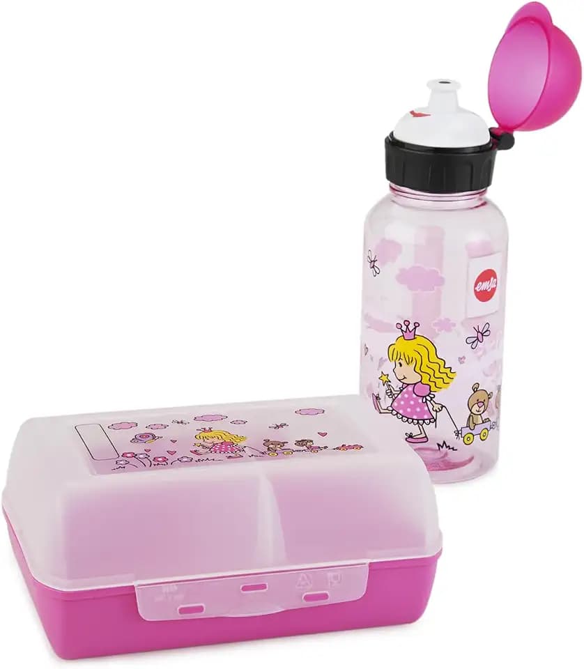 Emsa Kids Set mit Prinzessin-Motiv, Trinkflasche + Brotdose, 400 ml auslaufsichere Flasche, Dose mit verschiebbarer Trennwand, Pink, 518137, Princess
