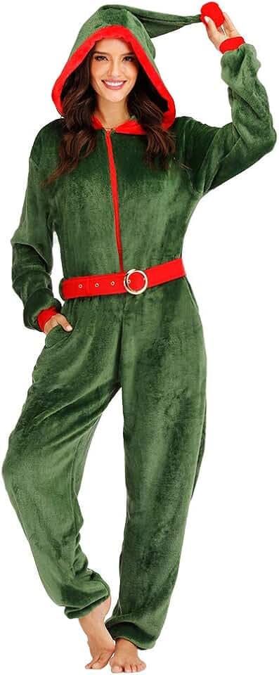ReneeCho Women’s Elf Onesie Christmas Costume Pajama Green Elf Outfit Holiday Suit