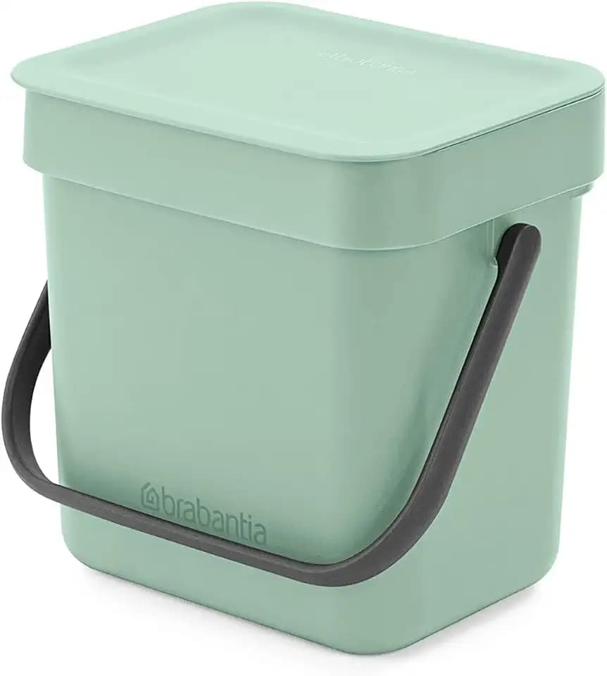 Brabantia Sort & Go Abfalleimer mit Deckel 3 L (hellgrün), platzsparender Biomüll Behälter mit Griff, abnehmbarer, feststellbarer Deckel, leicht zu reinigender kleiner Mülleimer ohne Ecken und Ränder