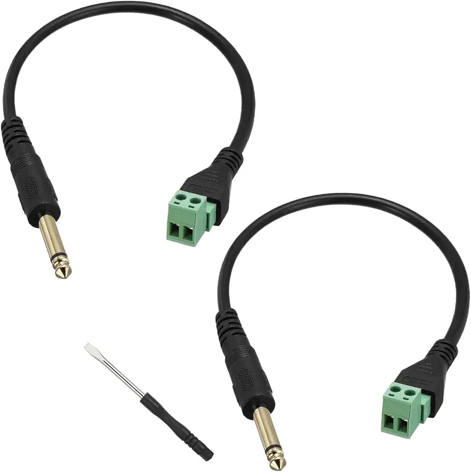 MECCANIXITY Gold Plated 6.35mm (1/4") Screw Terminal Block Cable, Mono Audio Male Jack to AV 2 Pin Screw Video Balun Terminal Adapter Connector Cable, Pack of 2(30cm/12inch)