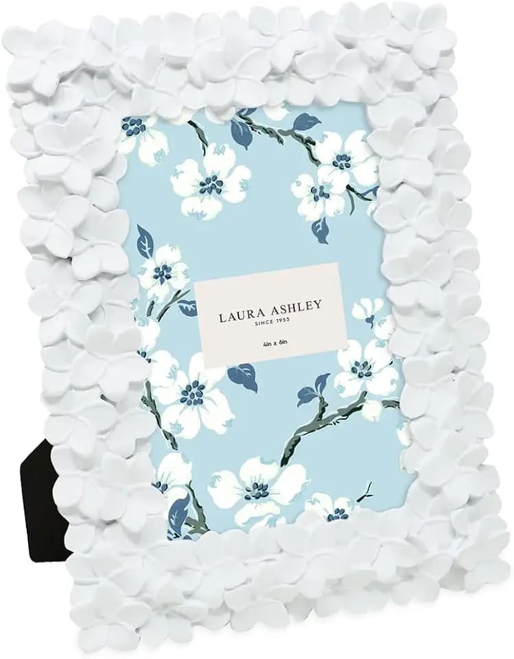 Laura Ashley Bilderrahmen aus Kunstharz, handgefertigt, 10,2 x 15,2 cm, weiße Blume, strukturiert, handgefertigt, mit Staffelei und Haken, für Tisch und Wand, dekoratives Blumenmuster, Heimdekoration,