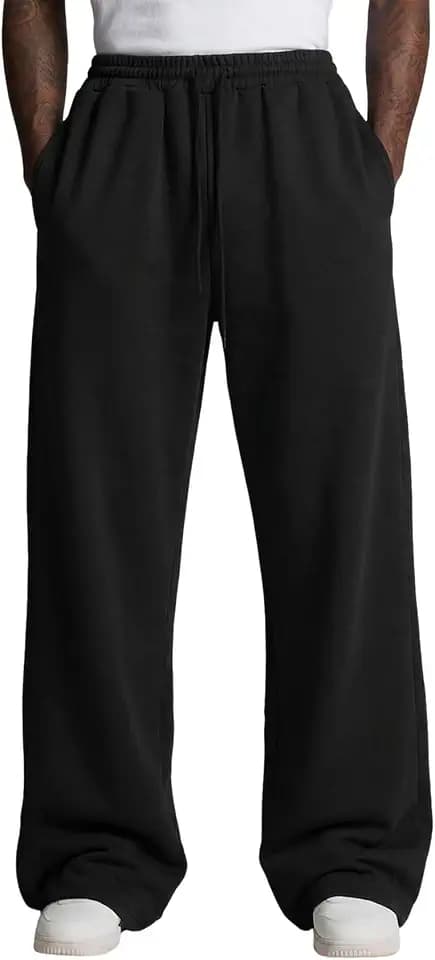 Yimoon Mens Baggy Sweatpants Wide Leg Cotton Sweat Pants(Black-M)
