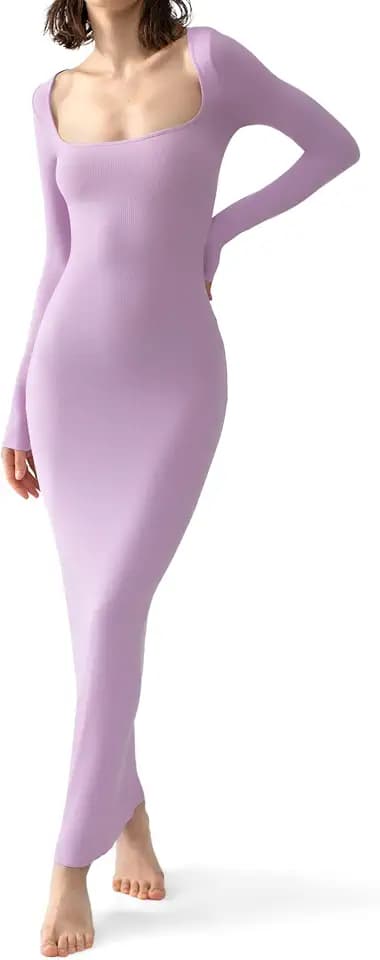 PUMIEY Women's Square Neck Long Sleeve Maxi Dress Ribbed Bodycon Dresses for Women Soft Lounge Dress