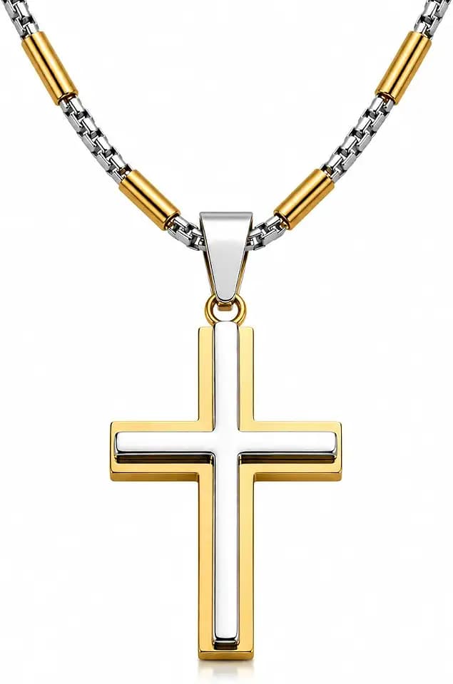 Stainless Steel Cross Necklace for Men and Women, Two-Tone Gold and Silver, Hypoallergenic, Waterproof, 20in Box Chain (Gold and Silver)