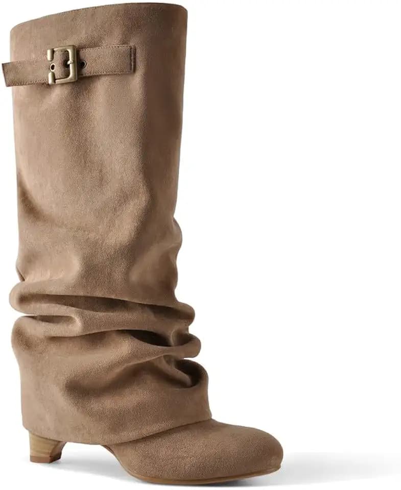 Slouchy Wedge Suede Boots Fold Over Knee High Pull On High Heels