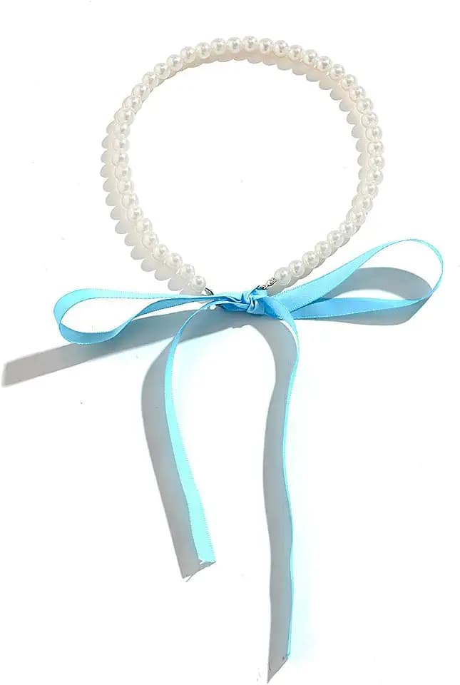Pearls Bow Ribbon Choker Necklace for Women,Satin Lace Up Long Ribbon Bowknot Pearls Beaded Tie Necklace Party Prom Trendy Jewelry Gifts