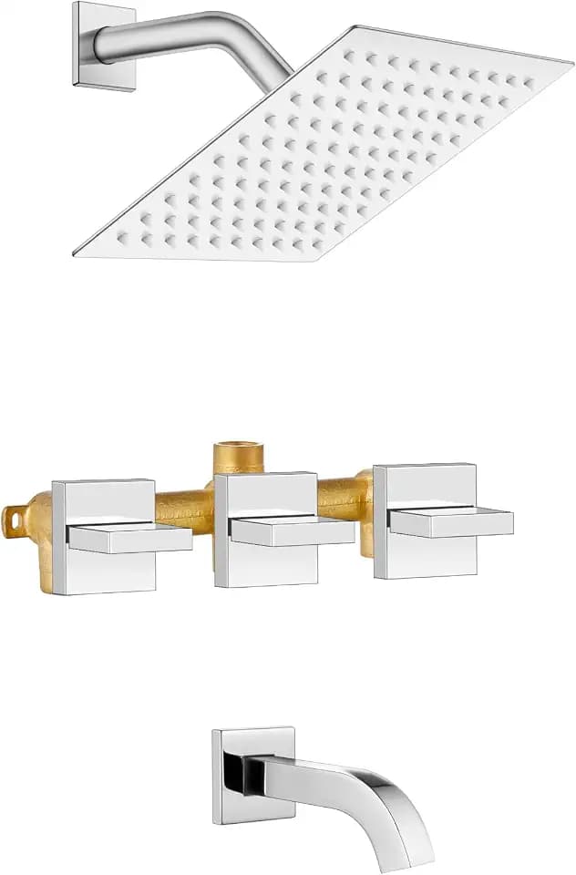 Midanya 3 Handle Tub Shower Faucet Set 8 Inch Shower Head,Polish Chrome