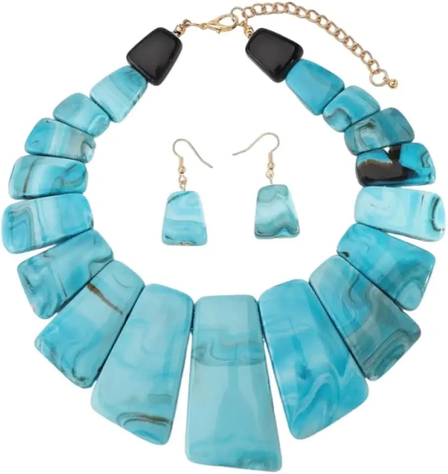Dtja Vintage Geometric Jewelry Set Boho Statement Dangle Earrings Pendant Necklace for Women Exaggerate Bohemian Resin Square Charms Adjustable Chain Ethnic Wedding Holiday Jewelry