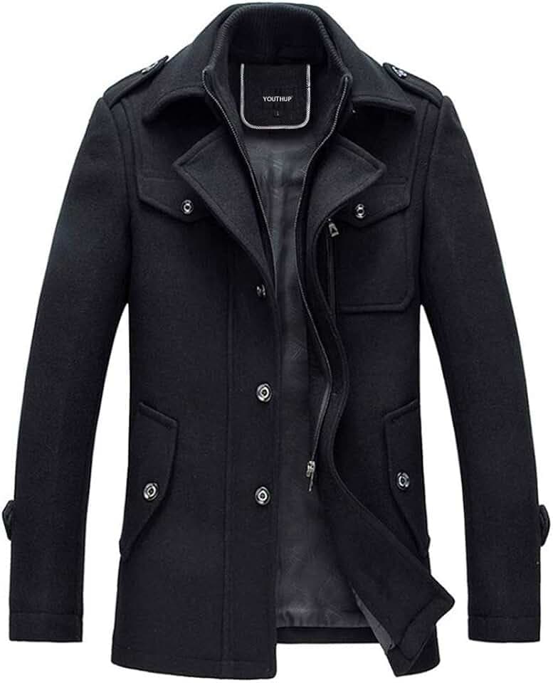 YOUTHUP Herren Wintermantel Wolle Kurz Winterjacke für Business Freizeit | Wollmantel, Regular Fit, Revers, Schulterklappe, Reißverschluss Knopfleiste, Mittellang, Dickes Futter, Warm