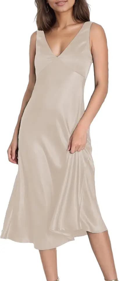 Summer Satin V Neck Backless Midi Dresses for Women 2025 Silky A line Formal Low Back Sleeveless Wedding Guest Long Dress