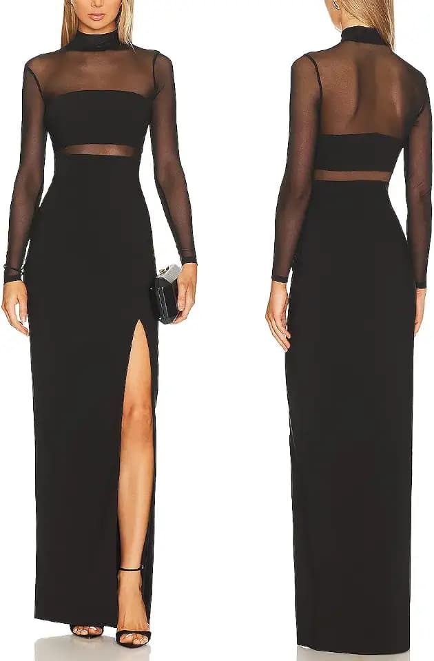Women Lace Mesh Long Sleeves Turtleneck Bodycon Maxi Dress with Side Slit