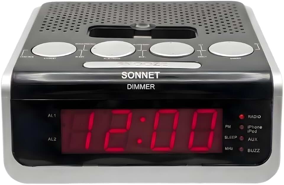 Digital Alarm Clock Radio with FM Stereo Radio, Red LED Display, Dual Alarm, Snooze & Sleep Timer, AUX Input, 30-Pin Dock, Battery Backup, Compact Bedside Bedroom Clock by Ken-Tech