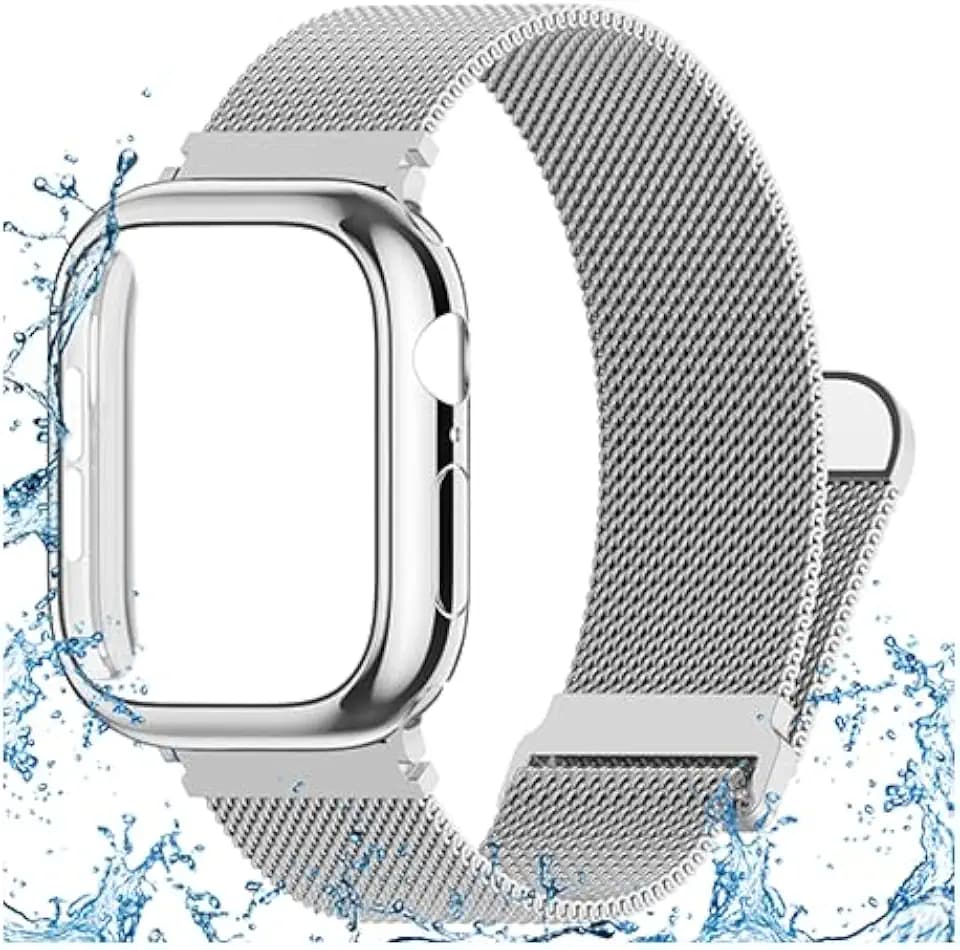 Waterproof Stainless Steel Milanese Band with Case Compatible for Apple Watch 38mm 40mm 41mm 42mm 44mm 45mm 46mm 49mm Women/Men,Magnetic Strap for iWatch Series 11 10 9 8 7 6 5 4 3 2 1 SE SE3 Ultra2/3