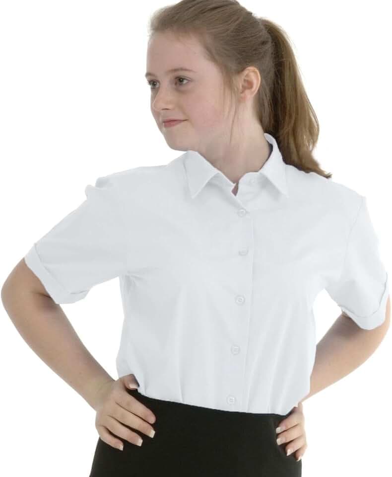 Girls Classic School Blouse Short Sleeve Plain Shirt Easy Care Ages 3-16y