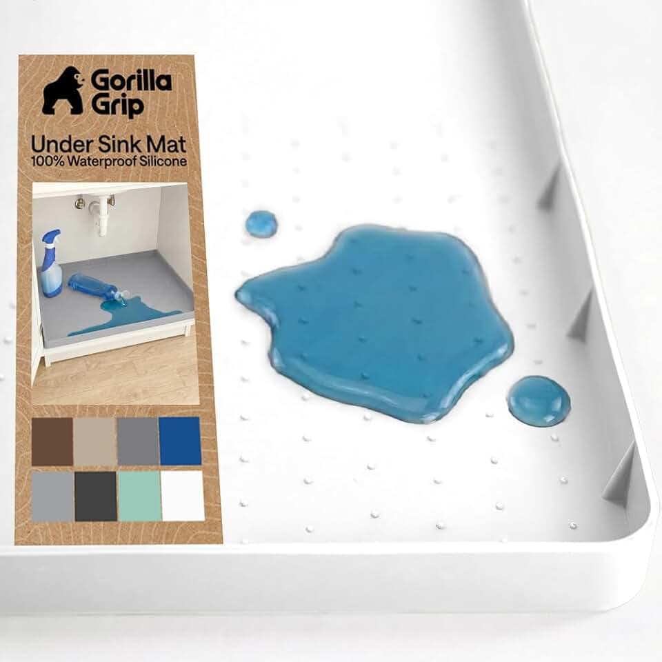 GORILLA GRIP Waterproof Silicone Under Sink Mat, Stay in Place, 34x22 White