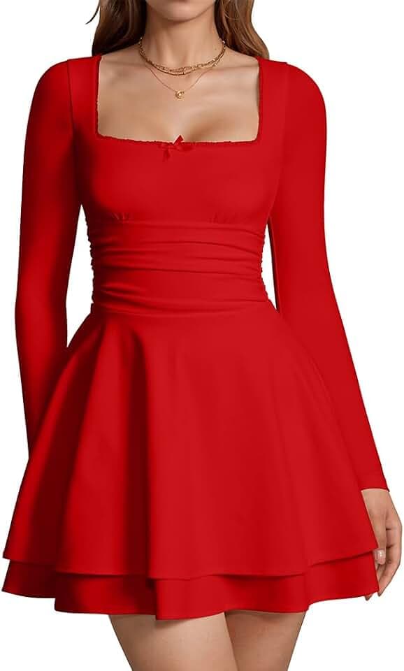 XXTAXN Womens Sexy Lace Sweetheart Neck Long Sleeve Club Mini Dress