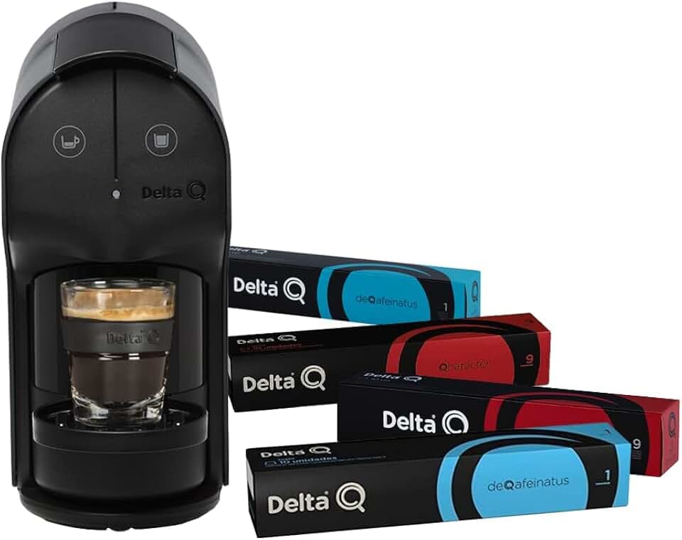 Delta Q Schnell-Kaffeemaschine, Grau, für Kaffee, Tee und heiße Getränke, einfach und praktisch, elegantes Design, inklusive 100 Kapseln DeQafeinatus + Qharacter