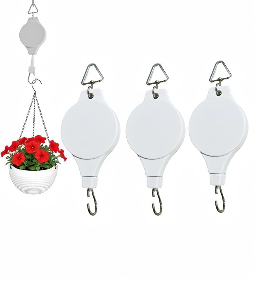 3PCS Retractable Plant Hanger, Adjustable Plant Pulleys for Hanging Plants, Easy to Raise & Lower, Heavy Duty for Garden Flower Pots Hanging Planters Bird Feeders Outdoor Indoor Use(White-3PCS)