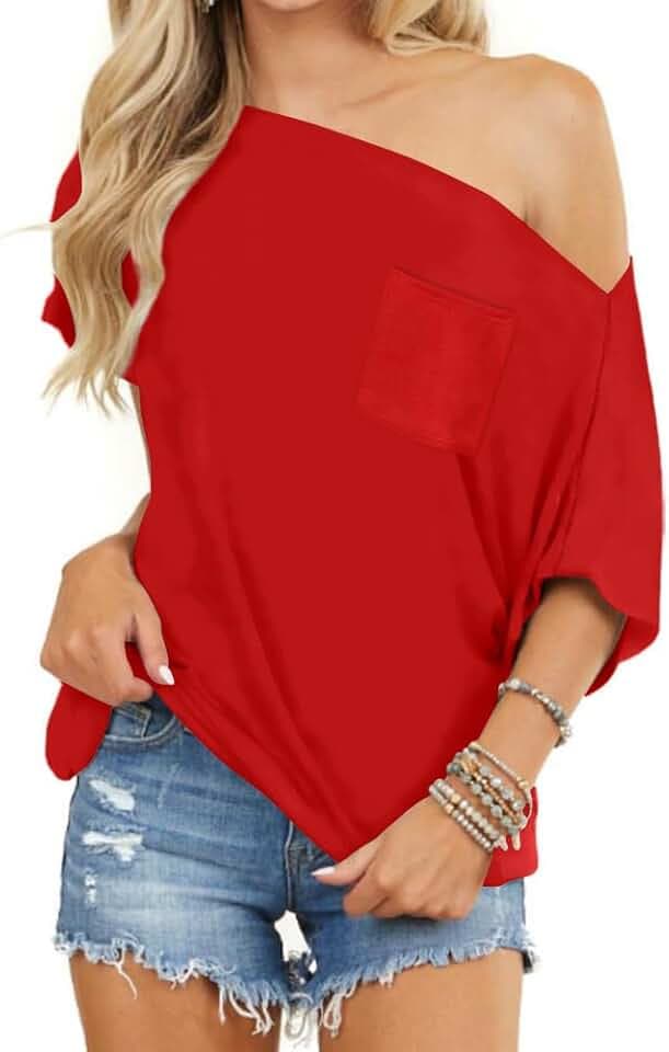 LACOZY Damen Sommer Schulterfrei Tops Kurzarm Casual Loose Fit Fledermaus-Shirts Y2K Top T-Shirt Oversized Bluse