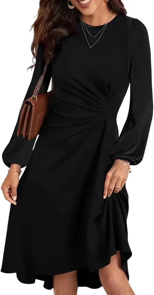 Damen Elegante Cocktailkleider Langarm Einfarbiges A-Linie Kleid mit Taillenfalten Abendkleider Partykleider Businesskleider
