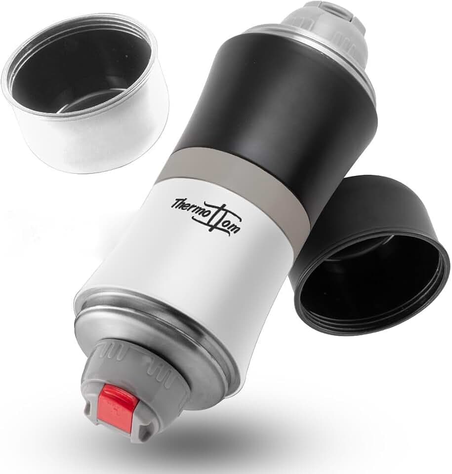 Thermoskanne 1l Edelstahl mit Becher • Thermosflasche groß für 2 Getränke • Thermoflasche für Unterwegs • Thermokanne als Warmhaltebehälter (Black and White + Grey)