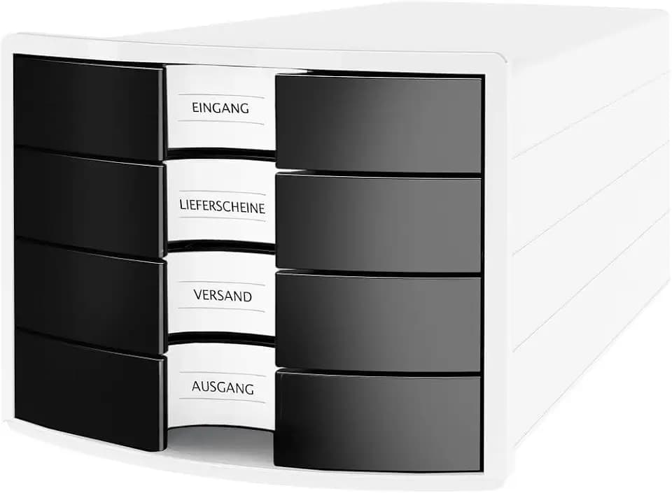 HAN Schubladenbox IMPULS 2.0 mit 4 geschlossenen Schubladen für DIN A4/C4 inkl. Beschriftungsschilder, Auszugsperre, möbelschonende Gummifüße, Design in premium Qualität, 1012-32, weiß/schwarz