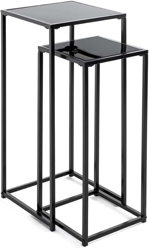 HAKU Blumensäule 2er Set quadratisch, Blumenständer Pflanzenständer aus Metall Schwarz und Sicherheitsglas Schwarz Maße: B 25/30 × H 60/70 × T 25/30 cm Style: Modern