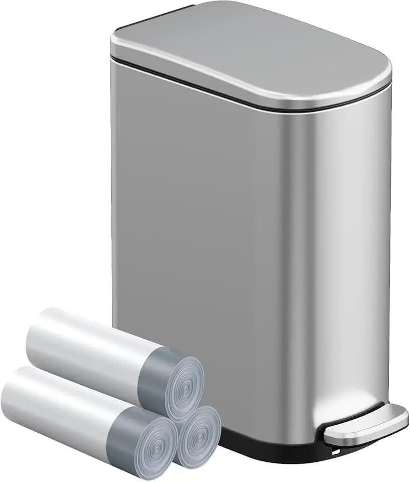 2.6 Gal Bathroom Trash Can with Soft Close Stay Open Lid, Small Rectangular 10L Stainless Steel Waste bin for Narrow Space, Waterproof, Matte Silver