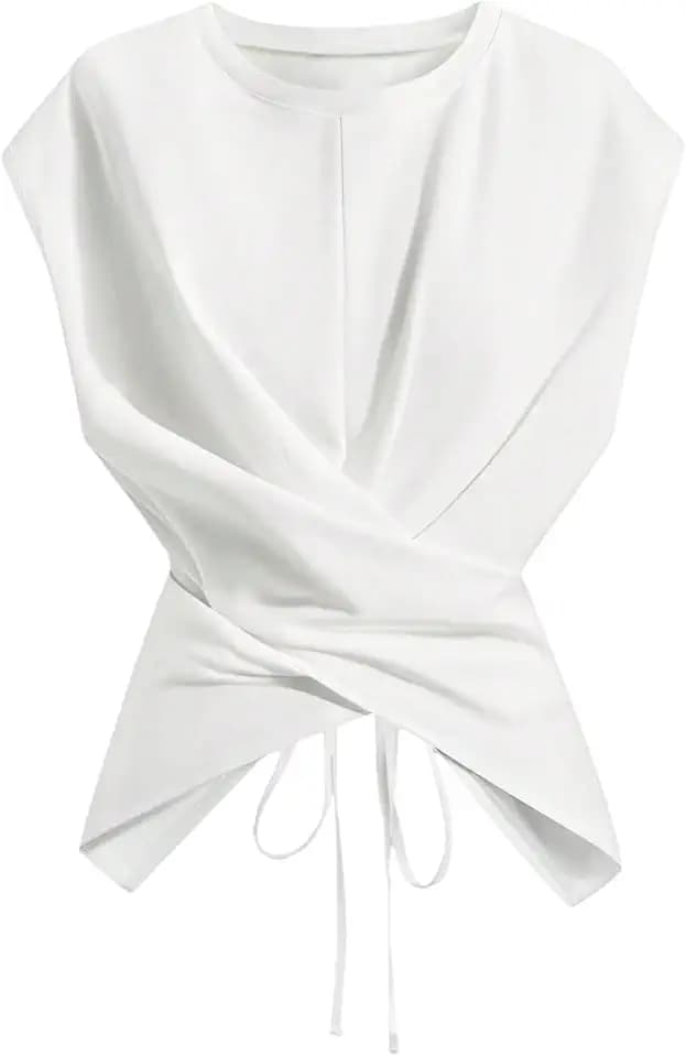 Verdusa Womens Cinched Waist Wrap Top Cap Sleeve Tie Back Asymmetrical Tops