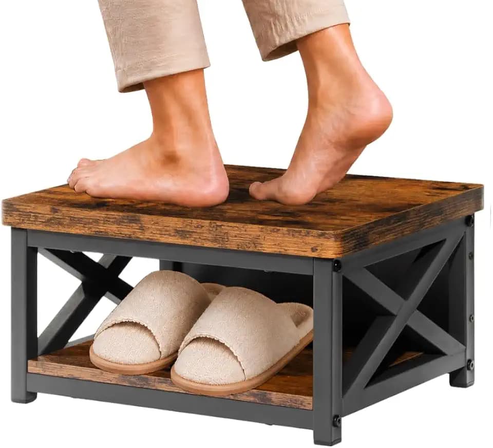 Wooden Step Stool for Bed, 8 Inch Bedside Stool with Storage, Rustic Brown