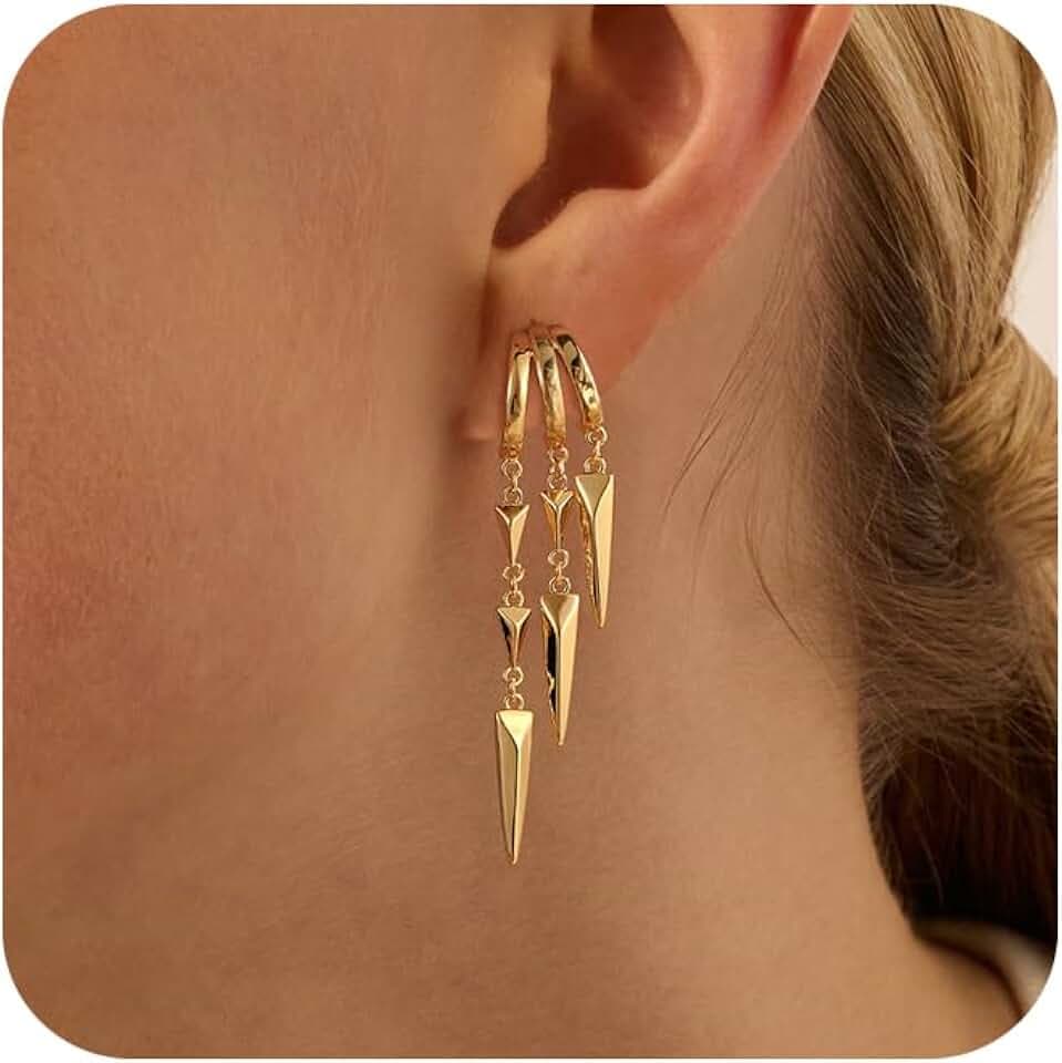 Robaice Dangle Earrings for Women, 14K Gold Plated Triple Stud Earrings