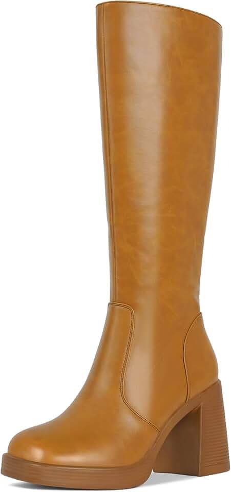 SOVANYOU Black Leather Boots Platform Boots for Women Fashion Square Toe Chunky Block Heeled Boots Side Zip