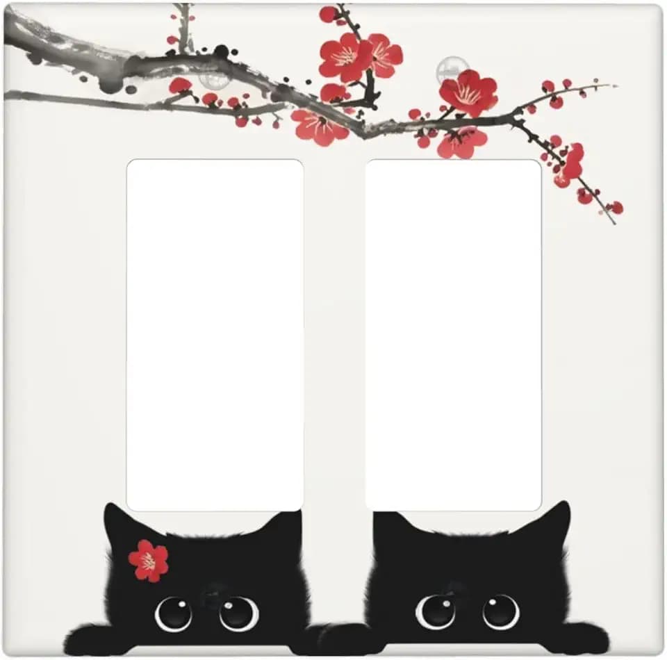 Decorative Outlet Covers Cute Black Cat Plum Blossom Flower 2 Gang Light Switch Cover Plate Double Rocker Wall Plates for Electrical Outlets Switch Plate Covers for Bedroom Decor