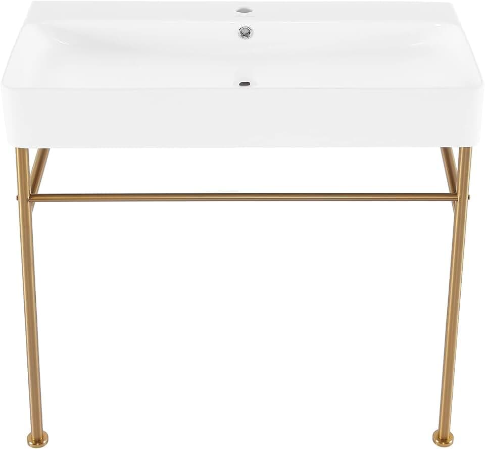 Carre 36" Ceramic Console Sink White Basin Brushed Gold Legs