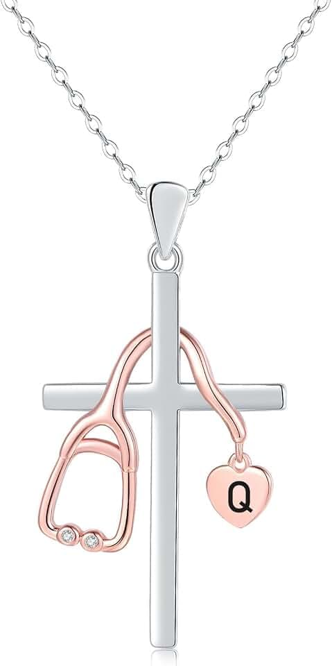 Initial Stethoscope Medicine 925 Sterling Sliver Heart Women Necklace Nurses Week Jewelry Gift for Medical Student Doctor Nurse Dainty Christian Necklace religious cross Gift