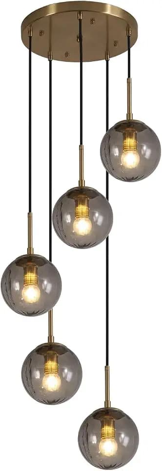 KCO Gold 5-Light Smoke Gray Ribbed Glass Globe Cluster Pendant Lighting