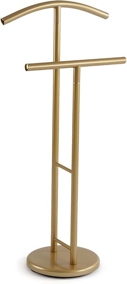 Versa Begna Moderner multifunktionaler Herrendiener mit 2 Kleiderbügeln oder Aufhängern für Herren- oder Damenbekleidung, Maße (H x L x B) 100 x 28,5 x 45 cm, Stahl, Goldfarben