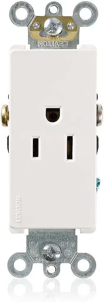 Leviton 15 Amp, 125 Volt, Decora Plus Single Receptacle, Straight Blade, Commercial Grade, Self-Grounding, 16241-W, White